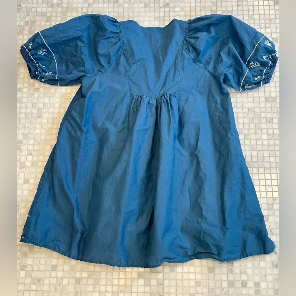 Chelsea & Violet Embroidered Blue Dress with Puffy Sleeves and Tassels